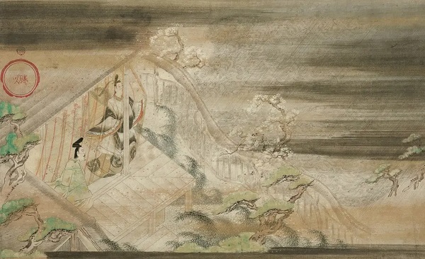 decorative Iwasa Matabei’s Exile to Suma, from Collection of Ancient Chinese and Japanese Stories. This section of a handscroll mounted as a hanging scroll is from the first half of the 17th century.